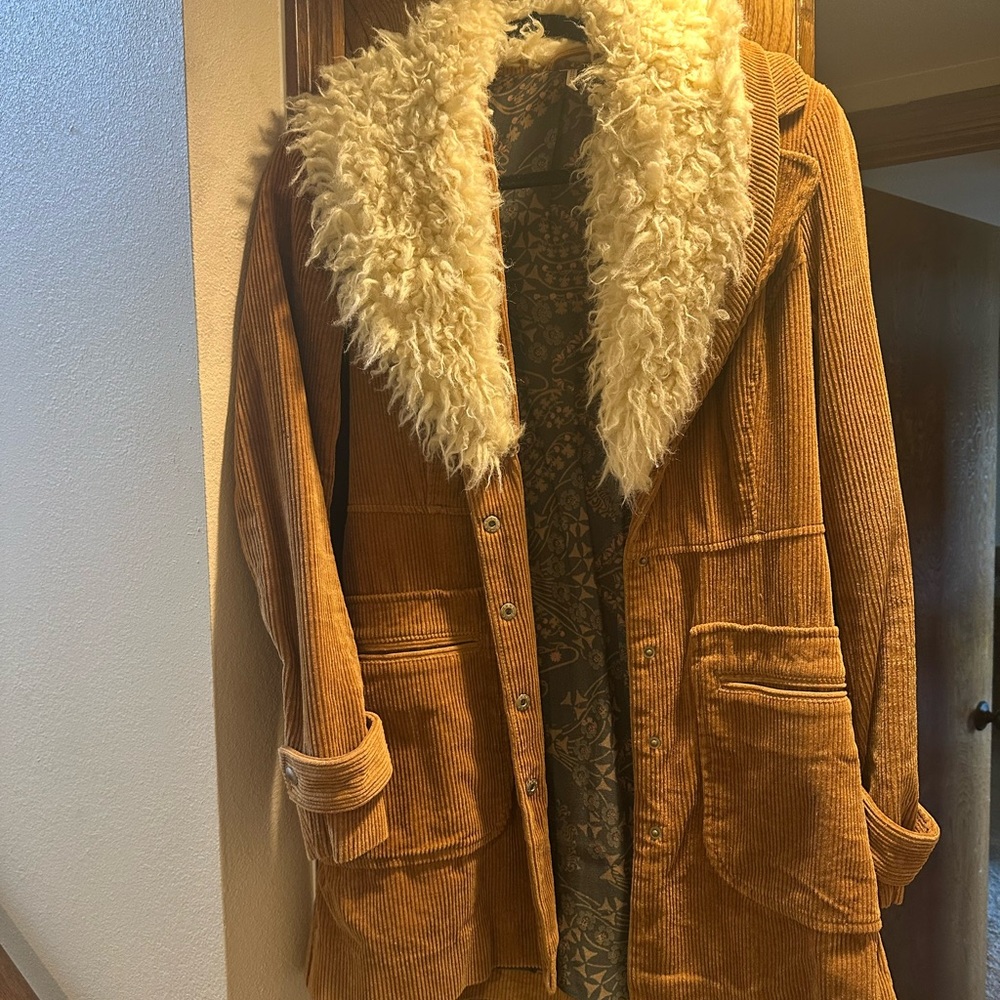 Free People Brown Corduroy Jacket with Cream Faux Fur Collar